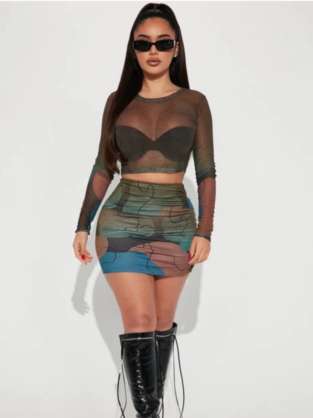 Fashion Nova Abstract Sheer Layered Mini Skirt - Brown Green Blue